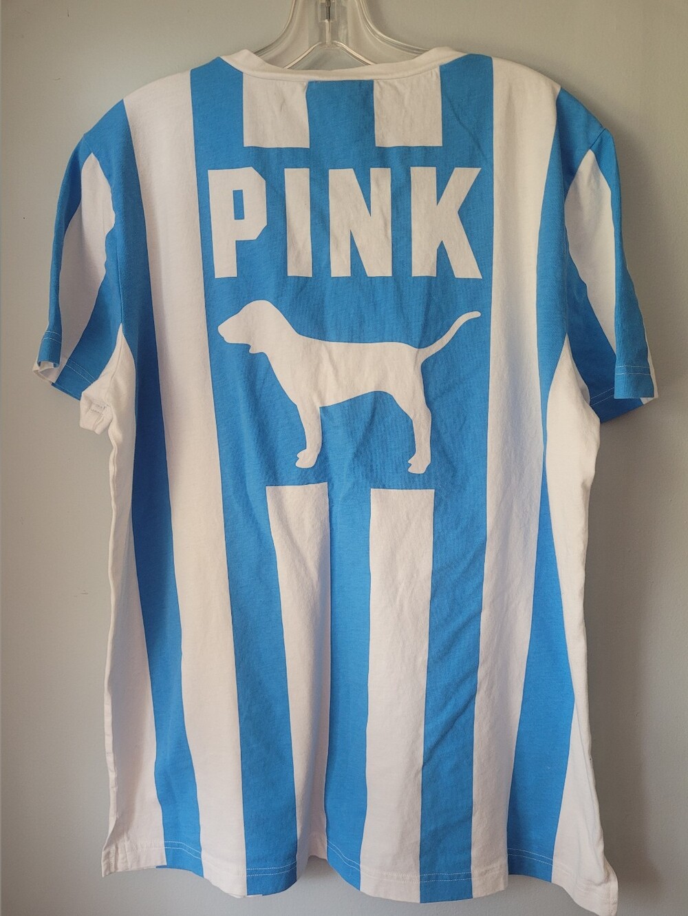 PINK Victoria's Secret Blue & White Striped Tee with Dog Graphic LARGE NWOT RARE